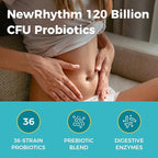 NewRhythm Probiotics 120 Billion CFU 36 Strains, 3-in-1 Probiotics with Prebiotics & Enzymes, Probioticos for Women & Men, Vegan Targeted Release Supplement, 30ct