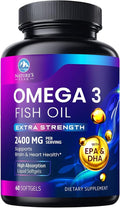 Omega 3 Fish Oil Supplements - 2400mg Fish Oil Per Serving - Triple Strength Omega-3 with Fatty Acids EPA & DHA - Natural Heart, Brain & Immune Support - Wild Caught, Bottled in USA - 60 Softgels