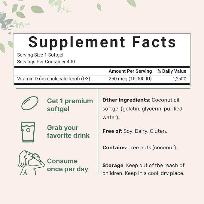 Micro Ingredients Vitamin D3 10,000 IU, 400 Softgels | Virgin Coconut Oil | Cholecalciferol Form | Bone, Immune & Heart Support | Easy to Swallow, Non-GMO