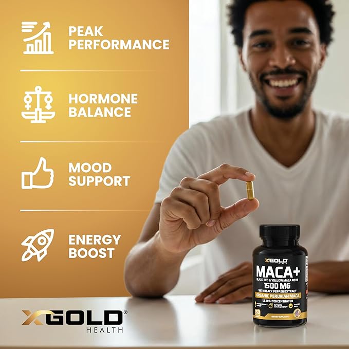 X Gold Health Organic Maca Root Capsules 1500mg – Peruvian Black, Red & Yellow Maca – Energy, Stamina, Libido & Hormone Balance Support for Men & Women – Vegan, Non-GMO – 150 Veggie Capsules