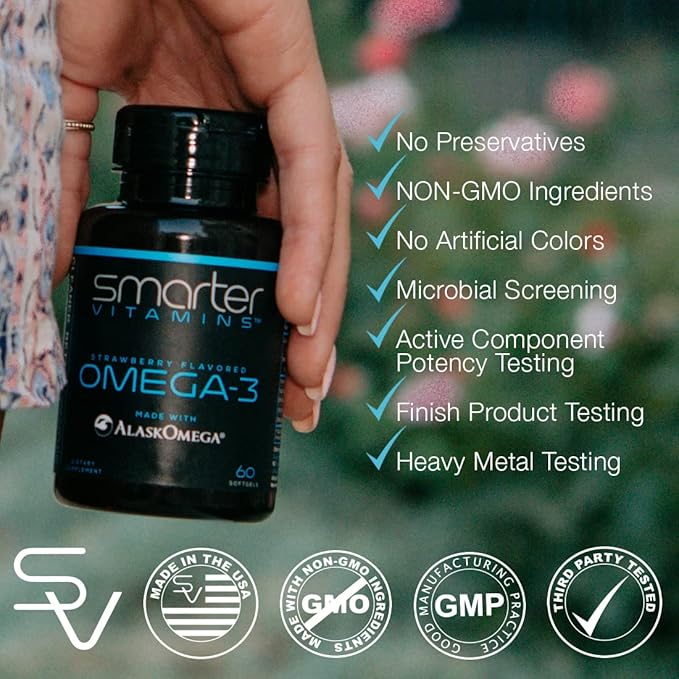 (5 Pack) Smarter Omega 3 Fish Oil, Berry Flavor, Burpless, Tasteless, 2000mg, Potent Triple Strength DHA EPA Brain Omega-3, Made with AlaskOmega®