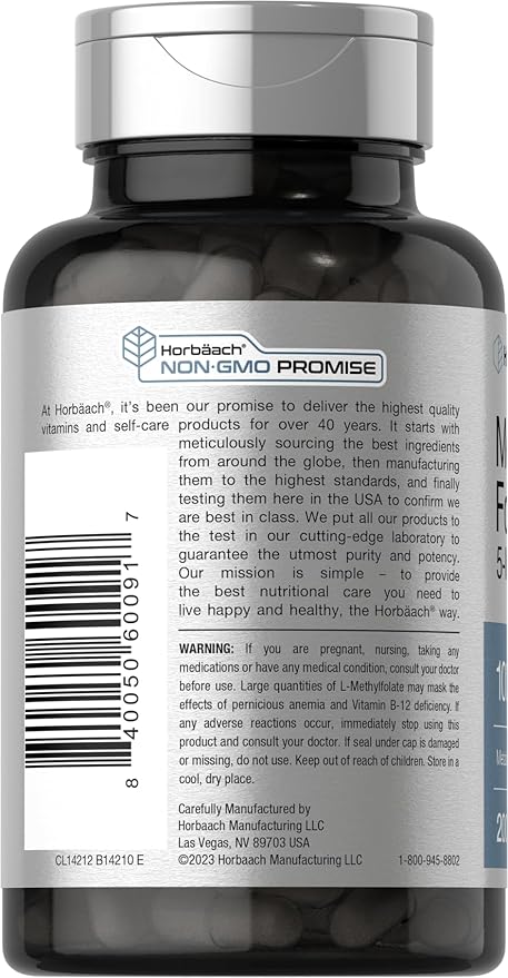 Horbäach Methyl Folate Supplement | 1000 mcg | 200 Capsules | 5-MTHF | Folic Acid | Non-GMO, Gluten Free Methylfolate