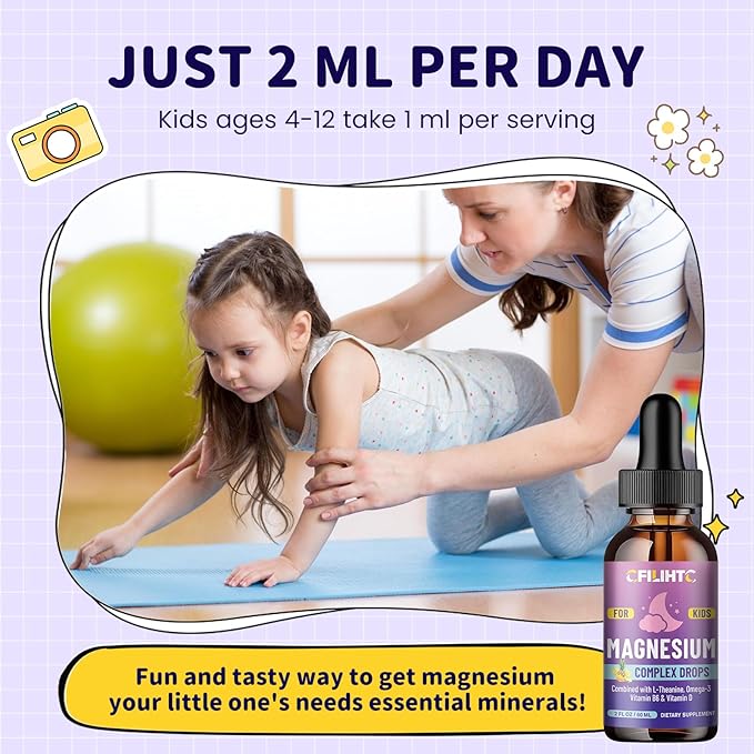 Kids Magnesium Liquid Drops-Magnesium Glycinate Liquid for Kids Supplement-w/L-theanine, Omega-3, Vitamin B6, D3 - for Sleep, Relaxation, Brain, Bones - Pineapple Flavor, 4 Fl Oz