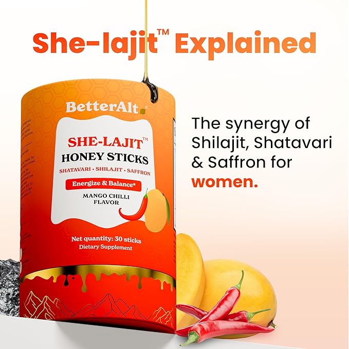 Better Alt She-Lajit Honey Sticks Mango Chilli Flavor | with Shatavari, Shilajit & Saffron | 85+ Nutrients for Vitality & Stamina| 30 Sticks