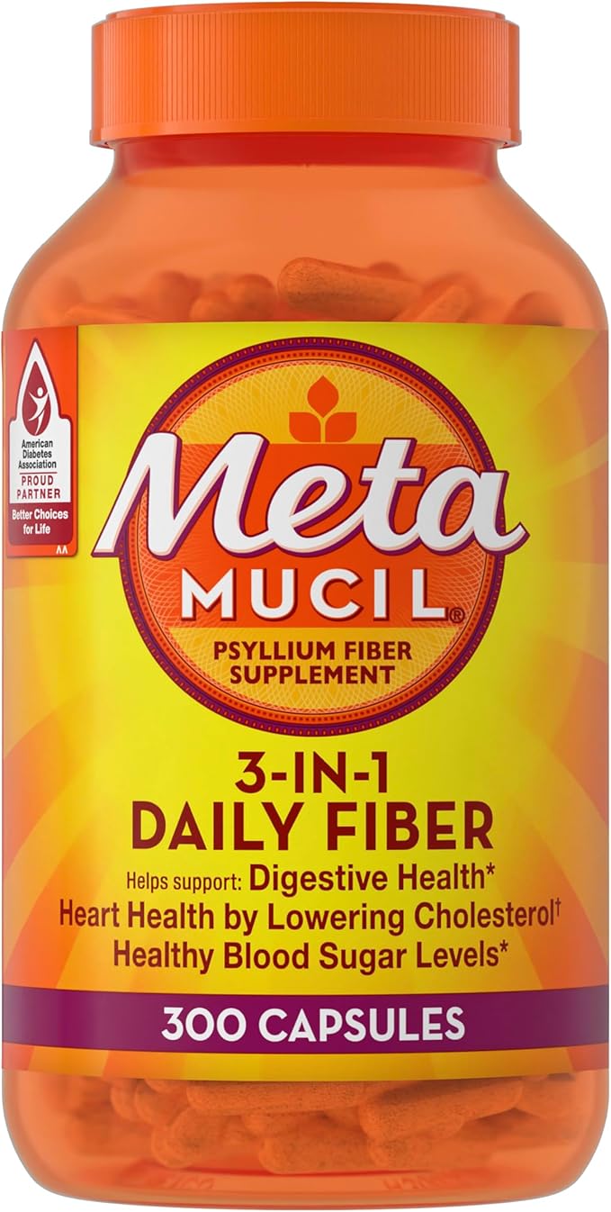 Metamucil 3-in-1 Fiber Capsules, Daily Psyllium Husk Fiber Supplement, Fiber Capsules for Digestive Health, Plant-Based Psyllium Husk Fiber Capsules, #1 Doctor Recommended Fiber Brand, 300ct Capsules