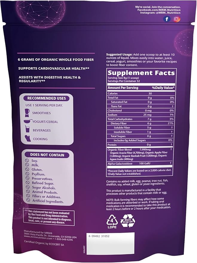 MRM Whole Food Organic Fiber with Enzymes & Prebiotics - Organic High Fiber Powder Supplement for Daily Digestive Support, Soluble & Insoluble Dietary Fiber, Prebiotic Blend, 6 g Fiber - 32 Servings
