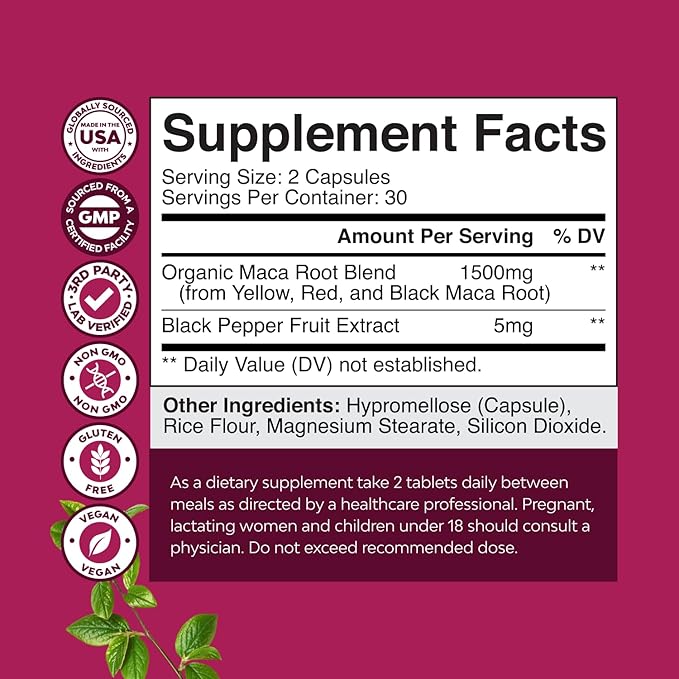 Maca Root Capsules for Women - Potent Herbal Supplement with Female Enhancing Blend of Red Yellow & Black Maca Root - Non-GMO Certified Vegan and Gluten-Free with No Artificial Colors - 60 Count