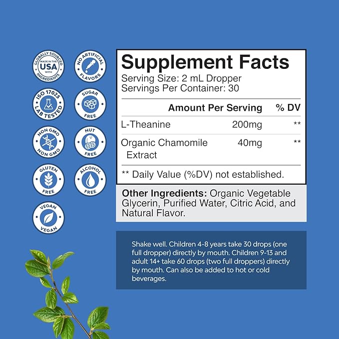 Natures Craft High Absorption L-Theanine Liquid Drops - Nootropic Focus Supplement with L Theanine 200mg Per Serving and Chamomile Extract - Adults and Kids Relaxation and Focus - 2 Fl Oz (3 Pack)