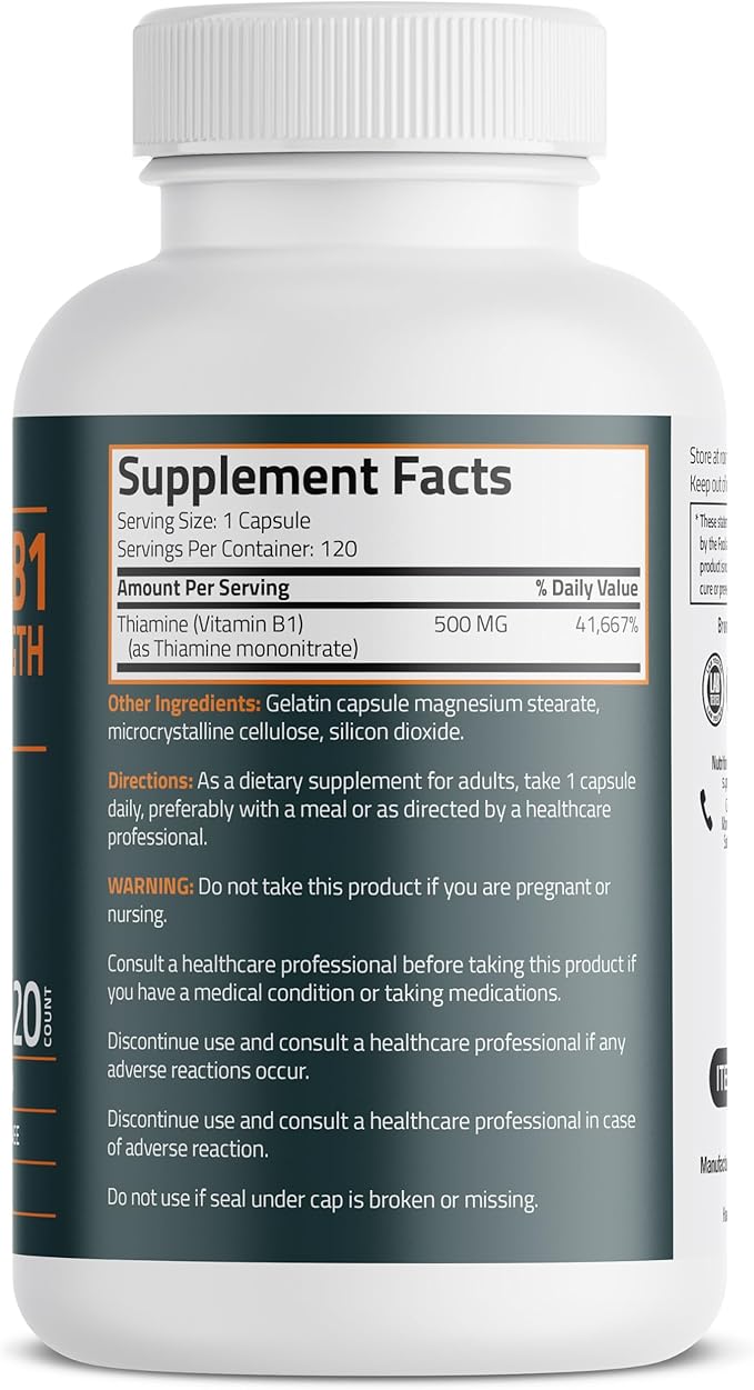 Bronson Vitamin B1 Extra Strength 500 MG High Potency Non-GMO, 120 Capsules