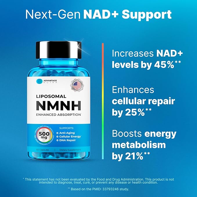 Liposomal NMNH (Dihydronicotinamide Mononucleotide) 500mg - NR Supplement Alternative - Anti Aging NAD Supplement to Boost NAD Plus Levels, Energy, Focus - High Purity 60 capsules (2 packs)