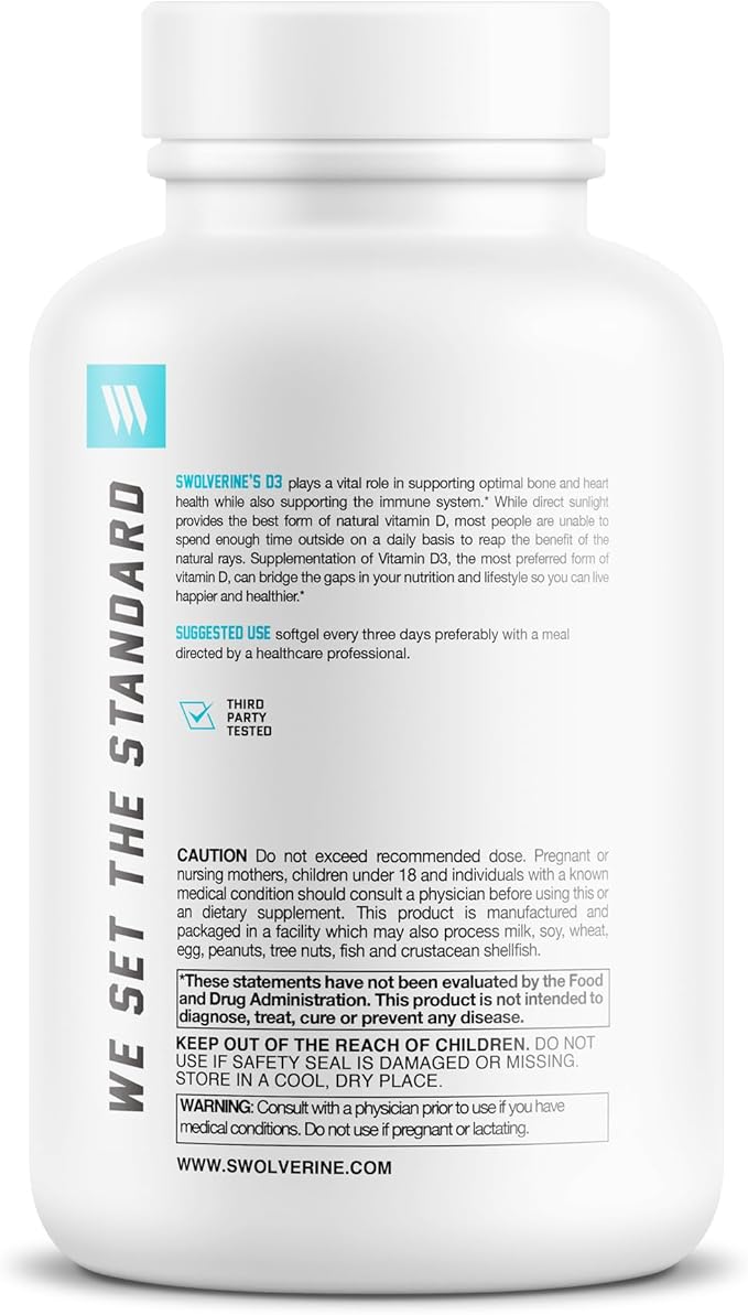 Swolverine Vitamin D3 | Healthy Muscle Function, Bone Health, Immune Support, Mood Support, 10000 IU Encapsulated in Olive Oil for Optimal Absorption (30 Soft Gels)