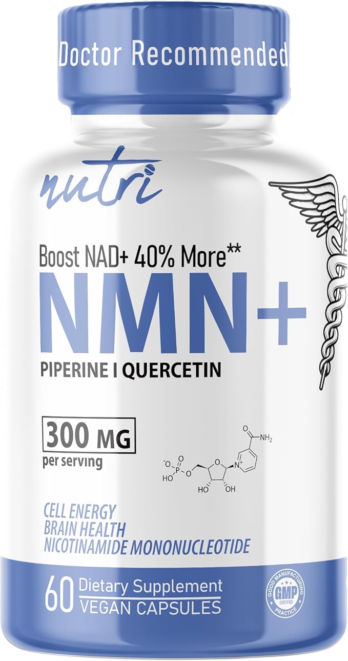 Nutri NMN Supplement 300mg NAD Supplement - Ultra High Absorption Stabilized NMN Nicotinamide Mononucleotide, 40% More NAD+ with Quercetin Phytosome & Black Pepper - mnm Supplement (60 Capsules)