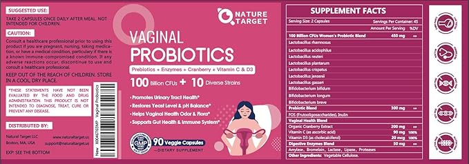 NATURE TARGET Vaginal Womens Probiotics, 100 Billion CFUs Probiotics & Prebiotics with Digestive Enzymes, Cranberry & D-Mannose - Supports pH Balance, Odor & Urinary Tract Health - 90 Capsules