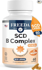 FREEDA Vitamin B Complex with Vitamin C & Zinc – Stress B Complex, Methylfolate & Active B12 + B1 B2 B3 B6 Biotin Choline – BComplex Vitamins for Women & Men – SCD Legal, Kosher, Vegan (60 Capsules)
