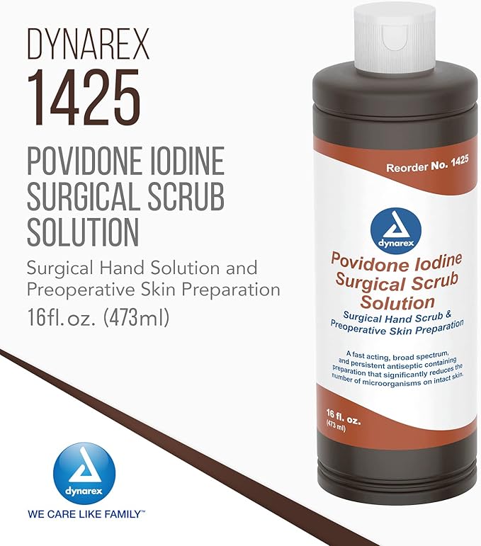 Dynarex Povidone-Iodine Scrub Solution, Antiseptic Solution for Skin and Mucosa, Ideal for Surgical Site Preparation, Contains Povidone Iodine 7.5%, 16 fl. oz., 1 Bottle