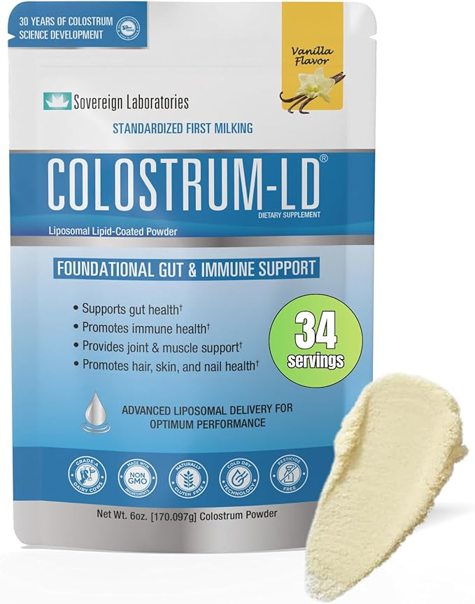 Colostrum-LD Liposomal Delivery - Colostrum Powder - Gluten-Free, Lactose-Reduced - 34 Servings - Sovereign Laboratories - 6 oz Vanilla