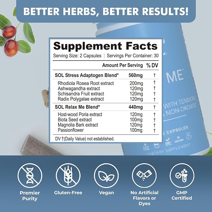 Relax Me - Natural Calming Relief for Stress, Tension, & Worry - 15x More Effective - Support Mood, Relax the Mind & Body - Supplements for Adults - Non-Drowsy - 60 Vegetarian Capsules