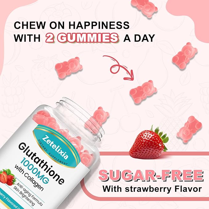 Glutathione Collagen Gummies, Collagen Gummies with Vitamin C, Glutathione Supplement for Women, Hair Skin Nails Muscle & Joint, Anti-Aging, Vegan, Sugar Free, Strawberry Flavor, 60 Count