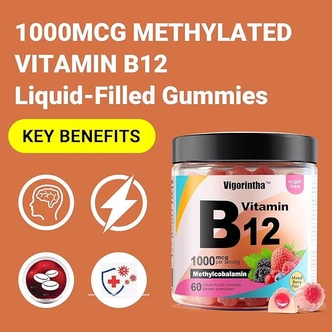 Methyl Vitamin B12 Gummies 1000mcg, Vitamin B12 Methylcobalamin Supplement for Energy & Metabolism, Sugar Free, Vegan, 60 Gummies.