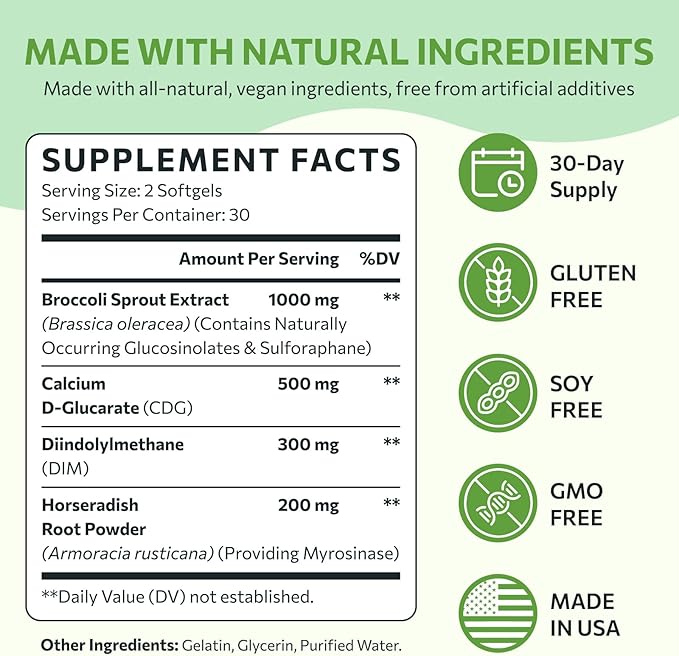 Sulforaphane Supplement from Broccoli Sprouts, DIM and CDG Triple Blend, Natural Enzyme Myrosinase for High Sulforaphane, Broccoli Supplement for Detox, Antioxidant and Balance, 120 Vegan Softgels