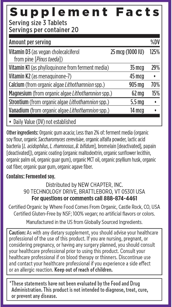 New Chapter Calcium Supplement - Bone Strength Plant-Based USDA Organic Calcium with Magnesium, Vitamin D3+K2, for Bone Health & Joint Mobility, Heart Support, 905 mg dose - 60 Slim Tablets