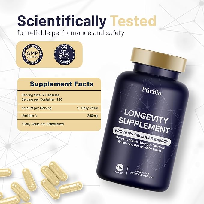 Premium Urolithin A Supplements 250 mg - Maximum Strength Cellular Energy Support - NAD+, Vegan Anti-Aging Formula. Supplements for Women Men - 120 Capsules