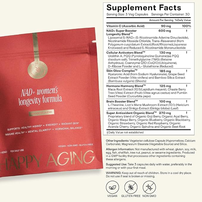 Happy Aging NAD+ Supplement for Women | NAD Booster with NMN, NMNH, NR, Resveratrol, CoQ10 – Supports Energy, Focus, Skin Glow & Daily Vitality, 30-Day Supply
