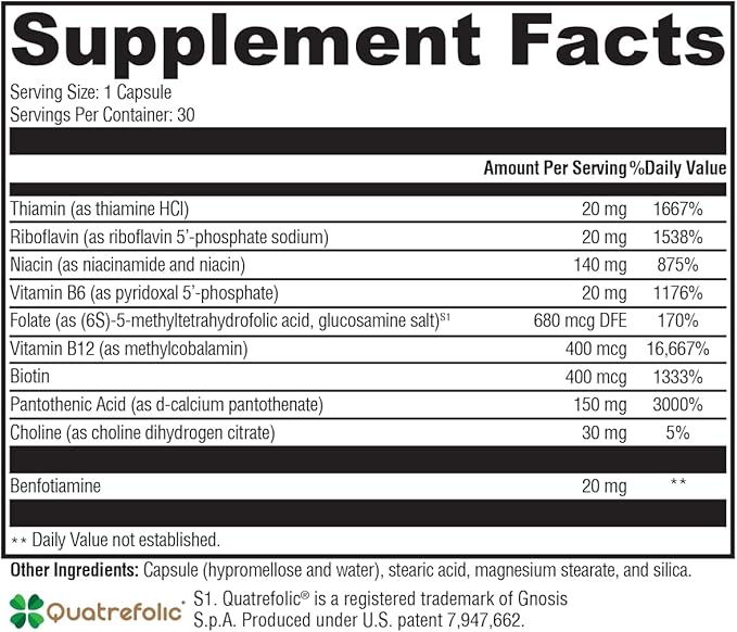 XYMOGEN Vitamin B Complex - B-Activ Activated B Vitamins with Benfotiamine & Quatrefolic - for Adrenal, Immune & Nervous System Support* - Gluten-Free & Vegetarian - 30 Capsules