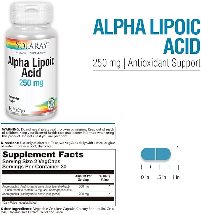 SOLARAY Alpha Lipoic Acid 250 mg - 60 VegCaps - Healthy Antioxidant Activity & Energy Support - Non-GMO & Vegan