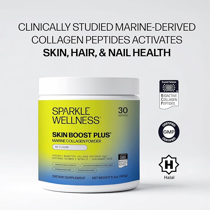 Sparkle Wellness Marine Skin Boost Plus (No Flavor) [30-Serves] | Collagen Powder Supplement with Marine-derived VERISOL Bioactive Hydrolyzed Collagen Peptides, Vitamin C & Hyaluronic Acid