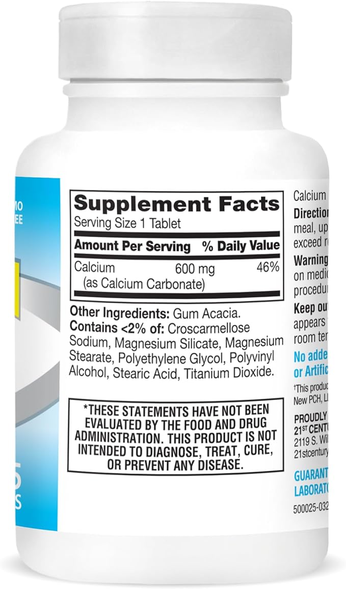21st Century Calcium 600 mg Supplement (75 Tablets), Vegan-Friendly Bone Strength Calcium Supplement, Non-GMO & Gluten-Free Calcium Carbonate, No Artificial Flavors, Suitable for Men & Women