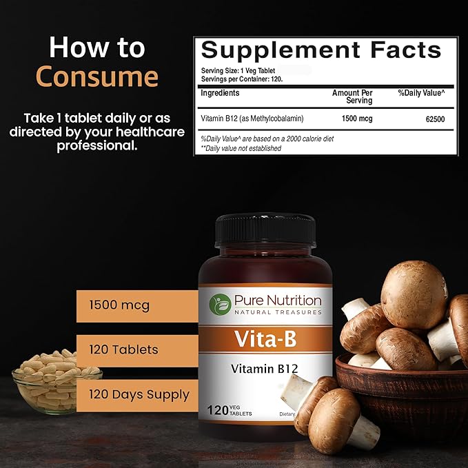 Pure Nutrition Natural Vitamin B12 1500mcg (Methylcobalamin) | 120 Veg Tabs | Vitamin B12 Supplement Helps Support Metabolism, Blood Cells, and Nerves Function* | Non GMO