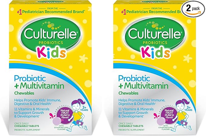 Culturelle Kids Probiotic + Complete Multivitamin Chewable for Kids,Ages 3+,Digestive Health,Oral Health&Immune Support-with 11 Vitamins&Minerals,Including Vitamin C,D3-&Zinc,30 Count (Pack of 2)