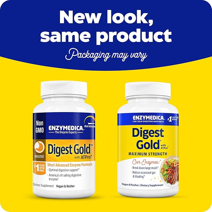 Enzymedica Digest Gold + ATPro, Maximum Strength Digestive Enzymes, Helps Digest Large Meals for Instant Bloating Relief, 45 Capsules