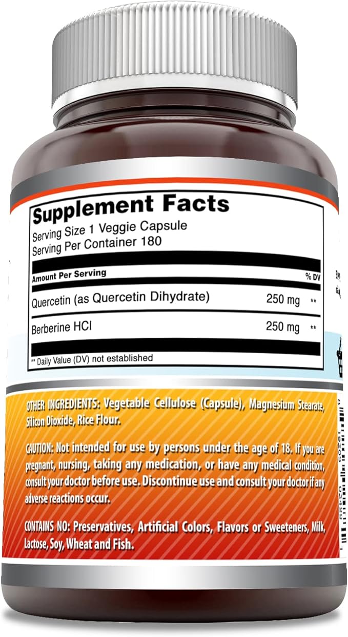 Amazing Formulas Quercetin Berberine - 250mg Berberine and 250mg Quercetin, 180 Veggie Capsules Supplement | Non-GMO | Gluten Free | Made in USA | Ideal for Vegetarians