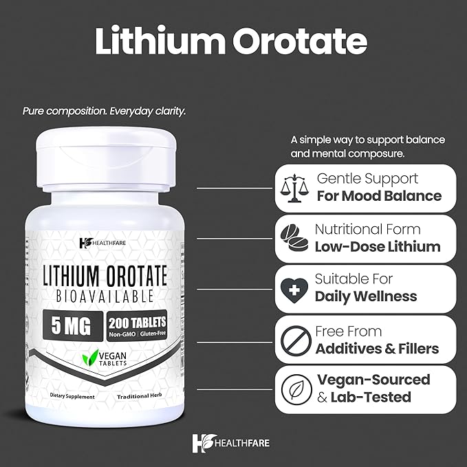 HealthFare Lithium Orotate 5mg | 200 Tablets | Trace Mineral Supplement | Vegetarian, Non-GMO, Gluten-Free | Made in the USA