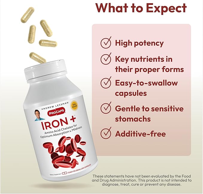 ANDREW LESSMAN Iron Plus 180 Capsules - 18mg Iron, 100% Pure Amino Acid Chelated Iron (Glycinate, Aspartate), Plus Vitamin C for Increased Absorption, Small, Easy to Swallow Capsules, No Additives