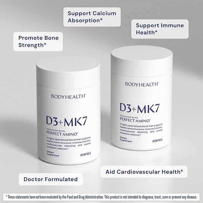 BodyHealth D3 + MK7 - Vitamin D3 5000IU, Vitamin K1, Vitamin K2 - Easy to Swallow Supplement, Supports Bone Strength & Calcium Absorbtion* - 60 Softgels
