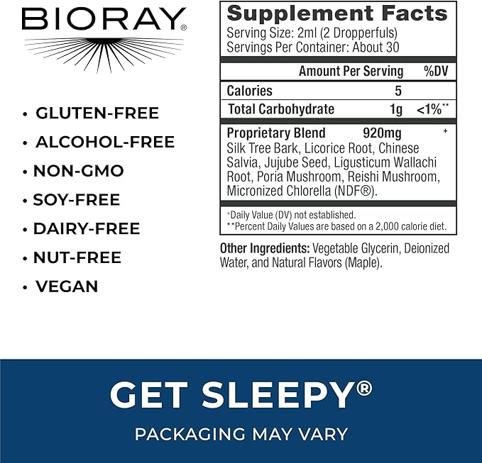BIORAY Daily Get Sleepy - 2 fl oz - Relaxation & Rest Support - With Medicinal Mushrooms & Micronized Chlorella - Non-GMO, Vegan, Gluten Free - Approx. 30 Servings
