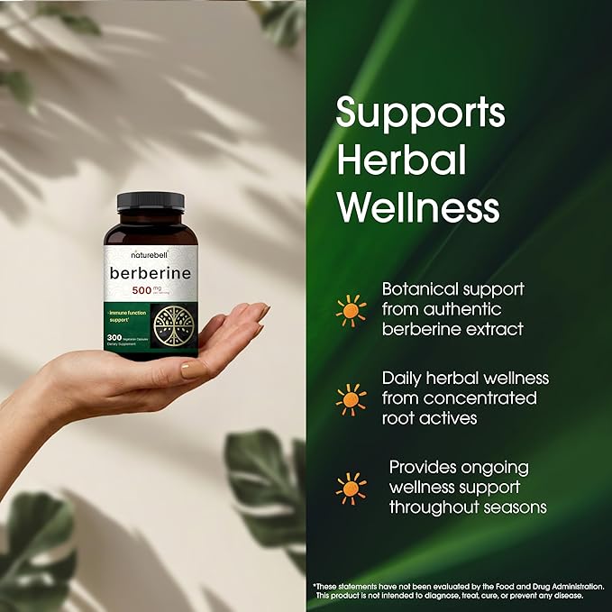 NatureBell Berberine 500mg - 300 Capsules - 97% Pure Berberine HCl - 5:1 Root Extract of Berberis Aristata - Antioxidant, Alkaloid & Adaptogenic Support*