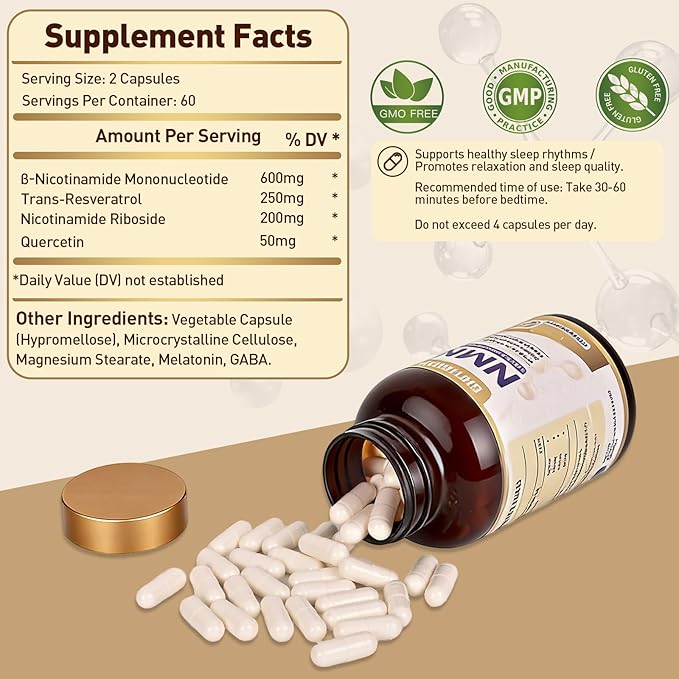 NMN Supplement 600mg, NMN for Cell, Energy, Sleep Support, Anti-Aging & Longevity for Men & Women, 120 Capsules