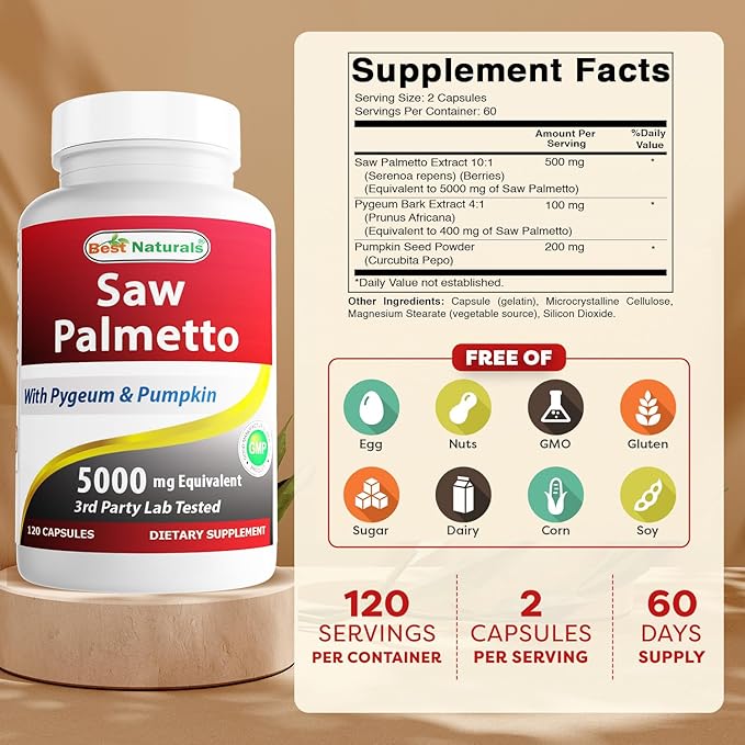 Best Naturals Saw Palmetto 10:1 Extract Prostate Supplements for Men - 120 Capsules - Made with Pygeum Bark 4:1 Extract & Pumpkin Seed Powder