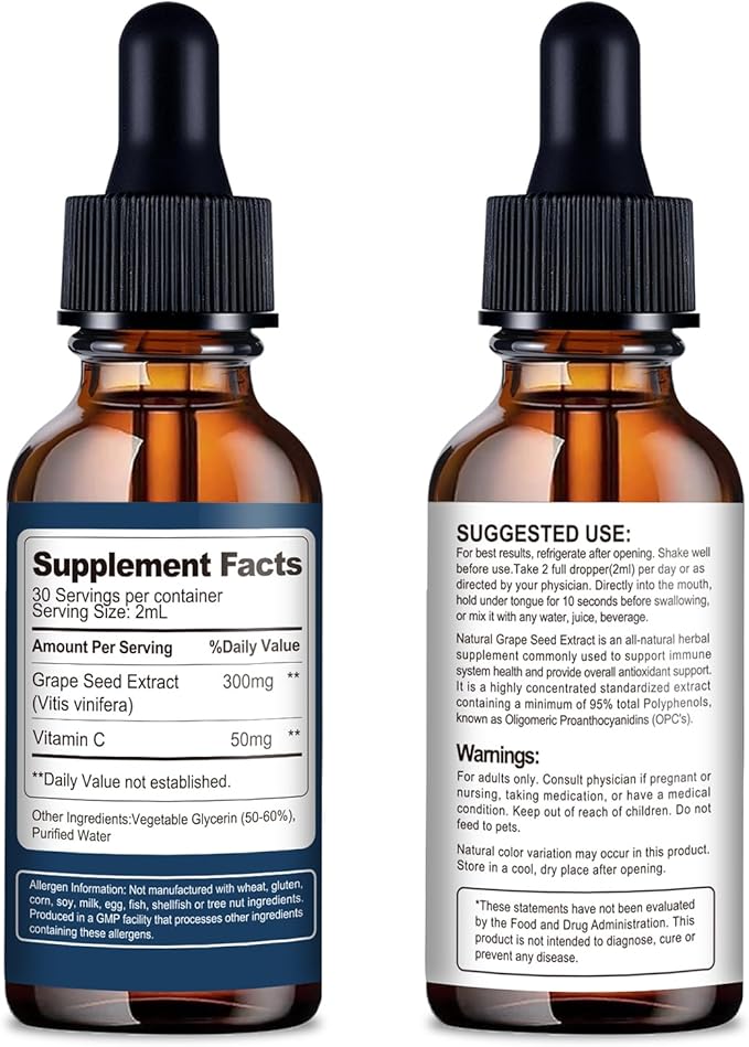 Natural Grape Seed Extract Drops-300 mg Grape Seed Extract Liquid Supplement - Maximum Strength Vitis Vinifera Seed Tincture, Standardized to 95% Polyphenols, Non-GMO, Gluten Free (60ml)