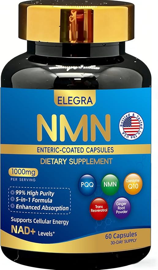 5-in-1 NMN 1000mg Complex with PQQ & Resveratrol - Enteric Coated - 99% Pure NMN for NAD+ Supplement with CoQ10 & Ginger, Third-Party Lab Tested for Purity & Potency, 60 Count (30-Day Supply)