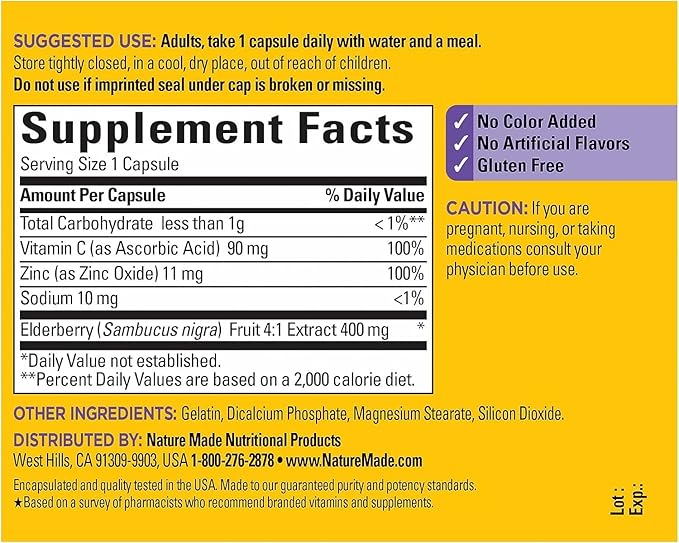 Nature Made Elderberry 400 mg Extract with Vitamin C and Zinc, Dietary Supplement for Immune Support, 60 Capsules, 60 Day Supply (Pack of 2)