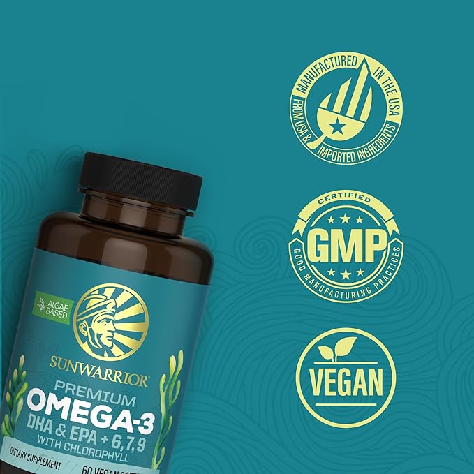 Sunwarrior Vegan Omega 3 DHA & EPA Supplement Algal Oil Preferred Alternative to Fish Oil Supports Brain Eye Joint & Heart Health (60 Count)