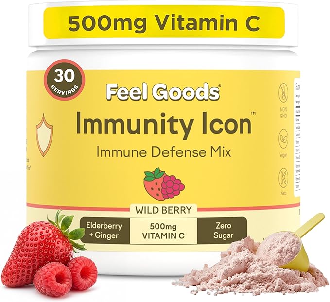 Feel Goods Immunity Icon, Vitamin C Immune Support Powder Drink Mix- 500mg Vitamin C, Elderberry, Ginger, Turmeric & Key Vitamins for Daily Immune Health - Sugar-Free & Caffeine-Free Drink Mix Packets