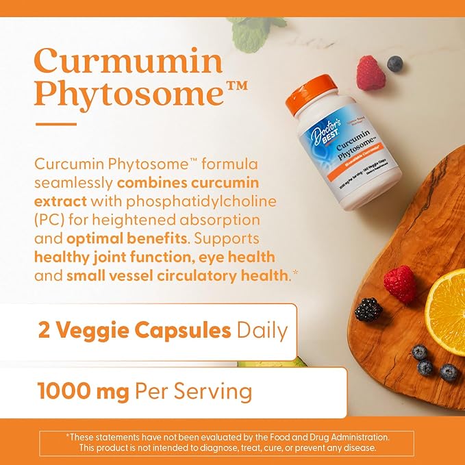 Doctors Best Curcumin Phytosome Supplement for Men & Women - Curcumin Complex Capsules 1000 mg Per Serving, Joint Health Support, Bioavailable Formula, Gluten Free, Soy Free, Vegan - 180 Veg Caps