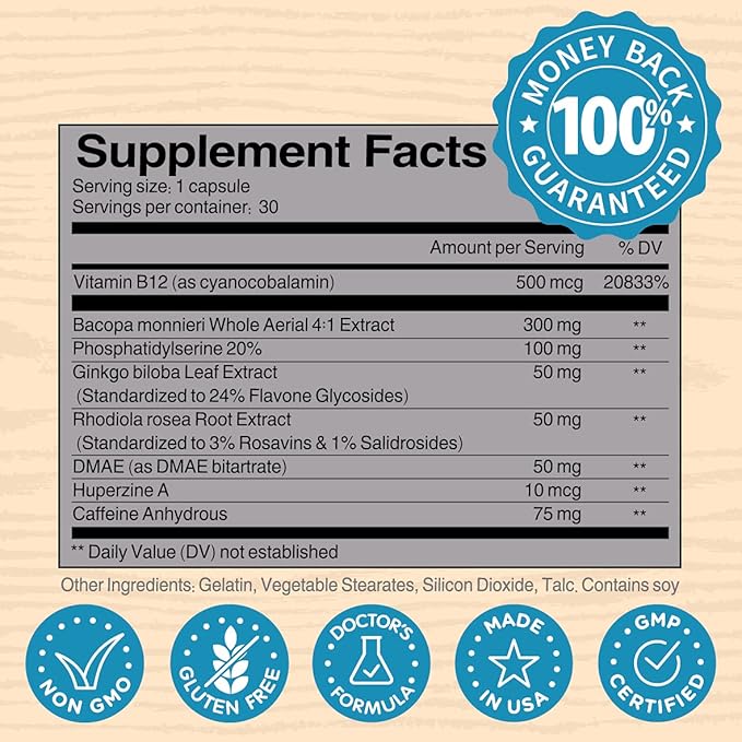 Brain Supplement / Brain Booster Supplement for Focus, Memory, Clarity, Energy Work as Caffeine Brain Booster/ Brain Supplements for Memory & Focus for Brain Fog, Brain Boost & Brain Support (Pack 1)