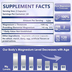 Magnesium L-Threonate Capsules, High Absorption Magnesium Supplement 1600mg, Chelated Magnesium for Brain, Cognitive, Sleep & Muscle Support, Gentle on Stomach, 120 Vegan Capsules